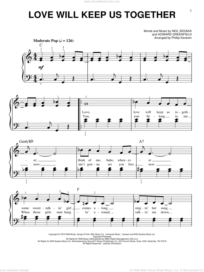 Love Will Keep Us Together (arr. Phillip Keveren) sheet music for piano solo by Captain & Tennille, Phillip Keveren, The Captain & Tennille, Howard Greenfield and Neil Sedaka, easy skill level