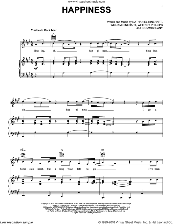Happiness sheet music for voice, piano or guitar by NEEDTOBREATHE, Ido Zmishlany, Nathaniel Rinehart, Whitney Phillips and William Rinehart, intermediate skill level