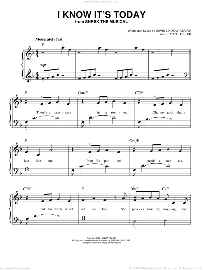 I Know It's Today sheet music for piano solo by Jeanine Tesori and David Lindsay-Abaire, easy skill level