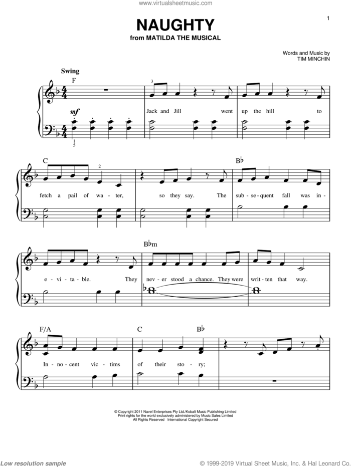 Naughty sheet music for piano solo by Tim Minchin, easy skill level