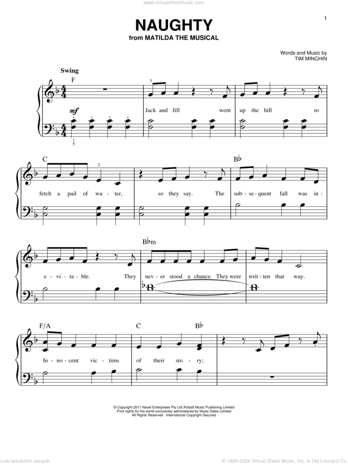 Naughty sheet music for piano solo by Tim Minchin, easy skill level