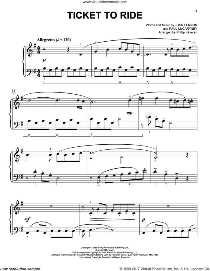 Ticket To Ride [Classical version] (arr. Phillip Keveren) sheet music for piano solo by Paul McCartney, Phillip Keveren, The Beatles and John Lennon, easy skill level