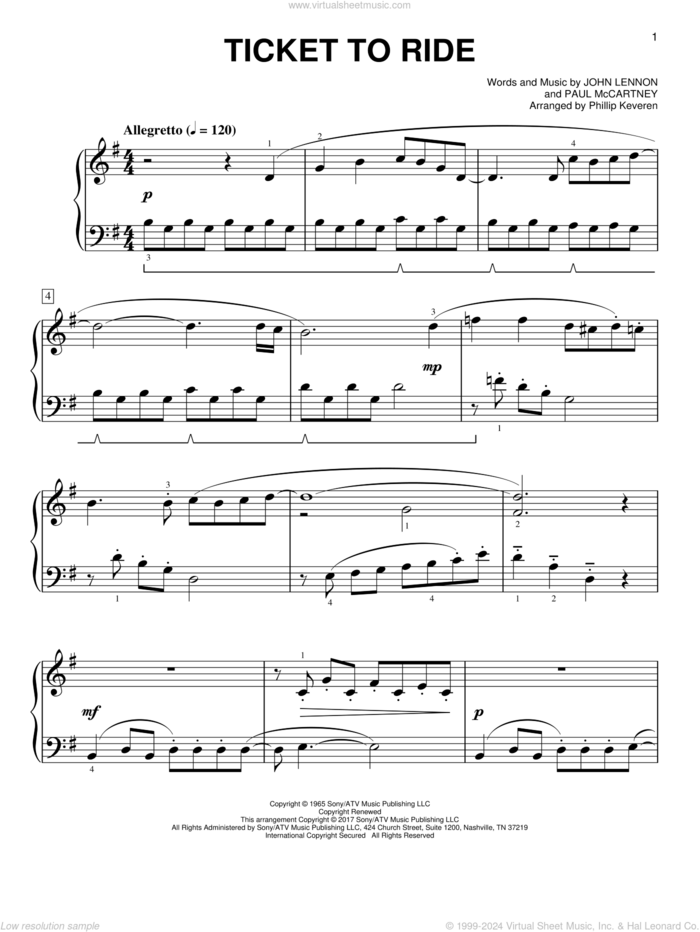 Ticket To Ride [Classical version] (arr. Phillip Keveren) sheet music for piano solo by Paul McCartney, Phillip Keveren, The Beatles and John Lennon, easy skill level