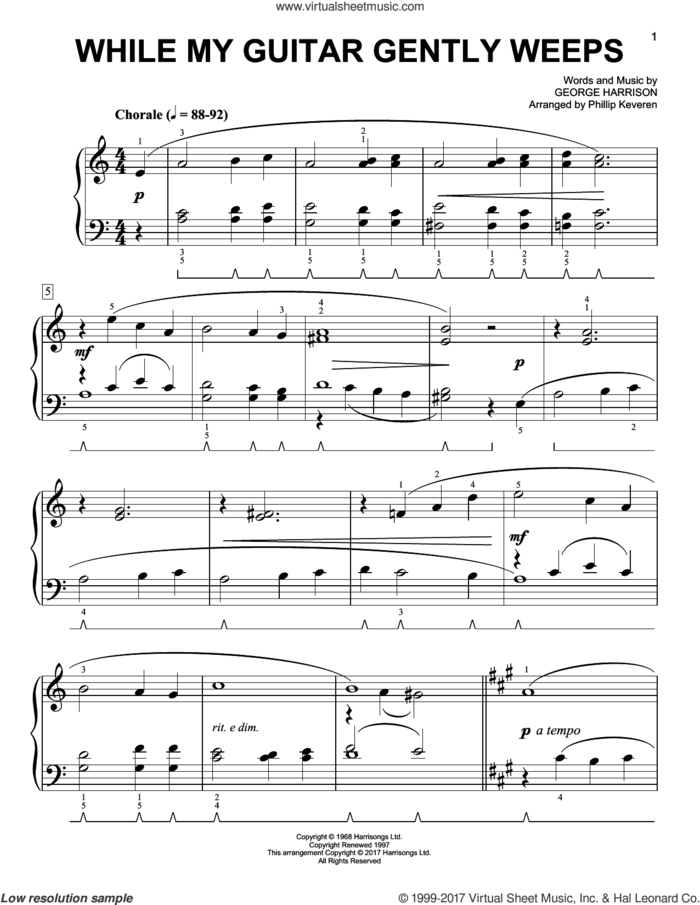 While My Guitar Gently Weeps [Classical version] (arr. Phillip Keveren) sheet music for piano solo by George Harrison, Phillip Keveren and The Beatles, easy skill level