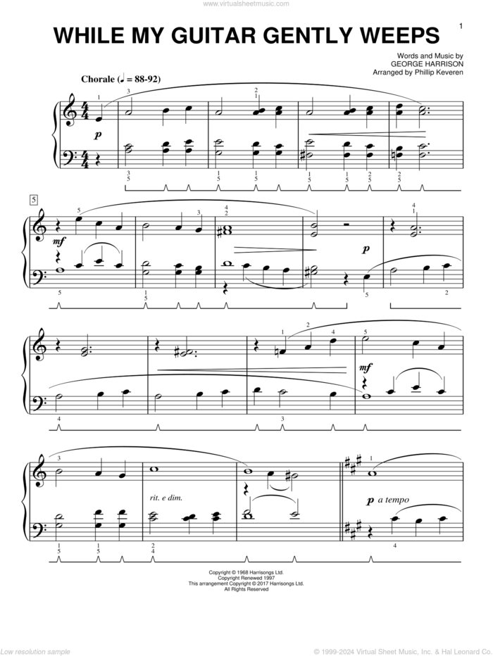 While My Guitar Gently Weeps [Classical version] (arr. Phillip Keveren) sheet music for piano solo by George Harrison, Phillip Keveren and The Beatles, easy skill level