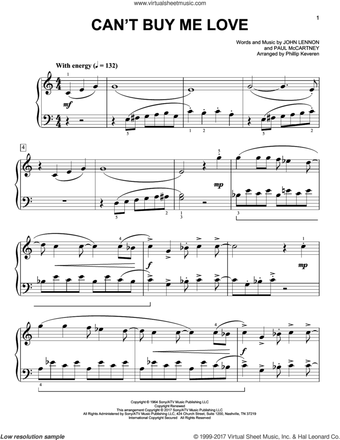 Can't Buy Me Love [Classical version] (arr. Phillip Keveren) sheet music for piano solo by Paul McCartney, Phillip Keveren, The Beatles and John Lennon, easy skill level