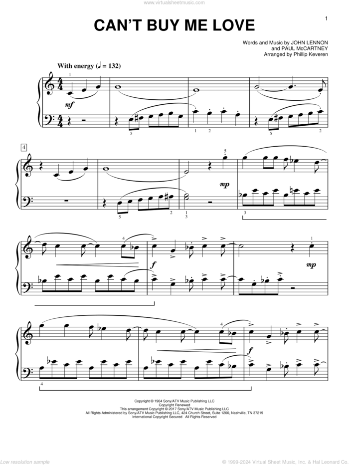 Can't Buy Me Love [Classical version] (arr. Phillip Keveren) sheet music for piano solo by Paul McCartney, Phillip Keveren, The Beatles and John Lennon, easy skill level