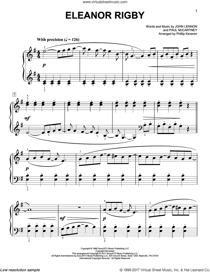 Eleanor Rigby [Classical version] (arr. Phillip Keveren) sheet music for piano solo by Paul McCartney, Phillip Keveren, The Beatles and John Lennon, easy skill level