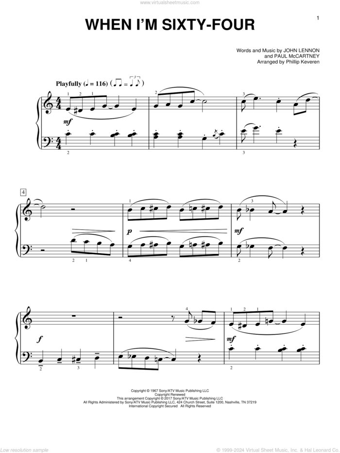 When I'm Sixty-Four [Classical version] (arr. Phillip Keveren) sheet music for piano solo by Paul McCartney, Phillip Keveren, The Beatles and John Lennon, easy skill level