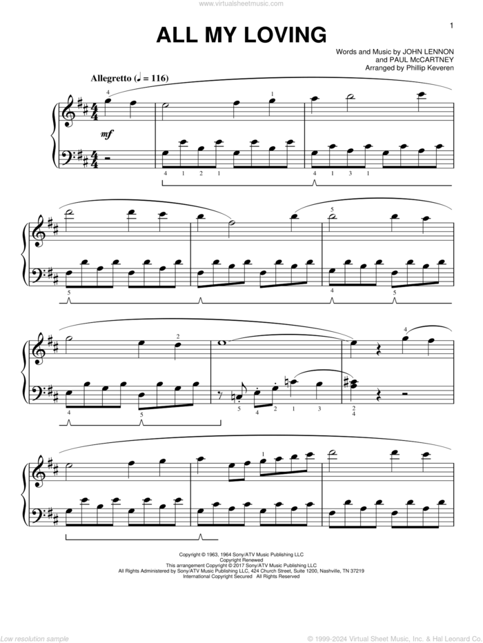 All My Loving [Classical version] (arr. Phillip Keveren) sheet music for piano solo by Paul McCartney, Phillip Keveren, The Beatles, The Hollyridge Strings and John Lennon, easy skill level