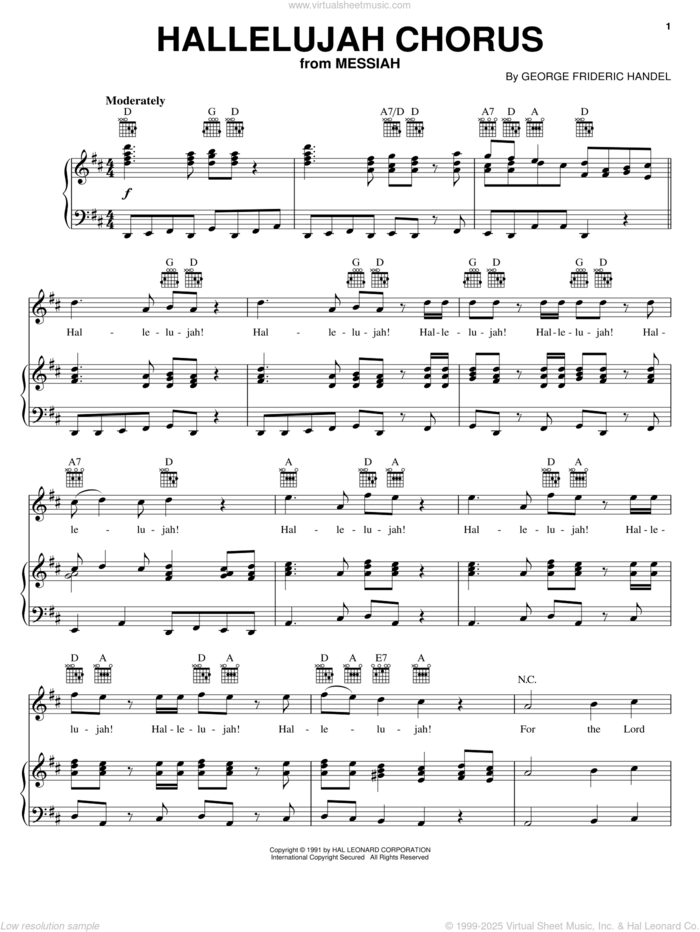 Hallelujah Chorus sheet music for voice, piano or guitar by George Frideric Handel, classical score, intermediate skill level