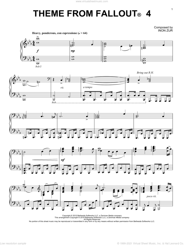 Theme From Fallout 4, (intermediate) sheet music for piano solo by Inon Zur, intermediate skill level
