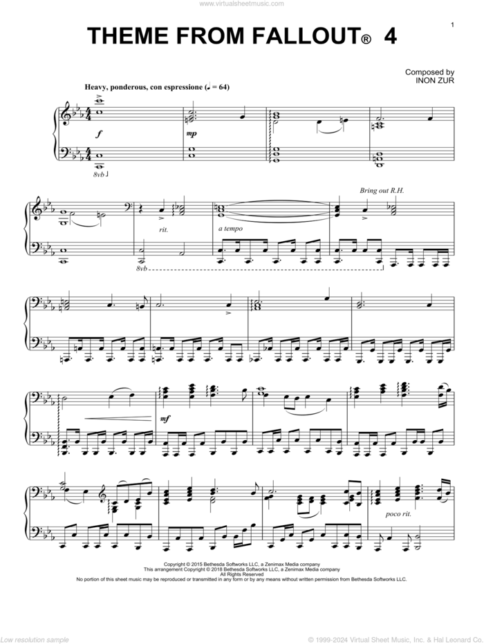 Theme From Fallout 4, (intermediate) sheet music for piano solo by Inon Zur, intermediate skill level