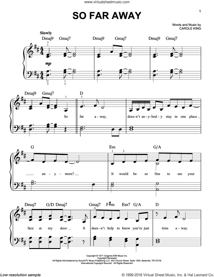 So Far Away sheet music for piano solo by Carole King and Rod Stewart, easy skill level