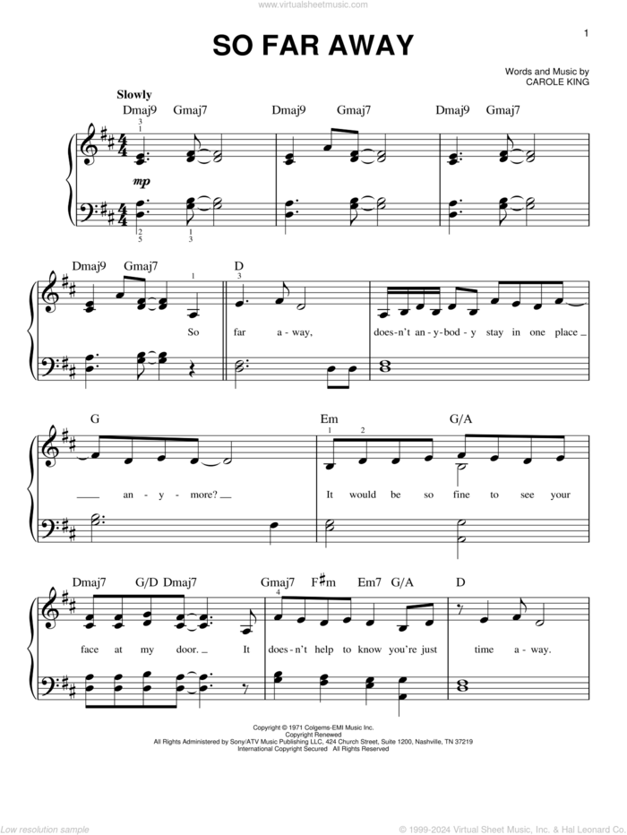 So Far Away, (easy) sheet music for piano solo by Carole King and Rod Stewart, easy skill level