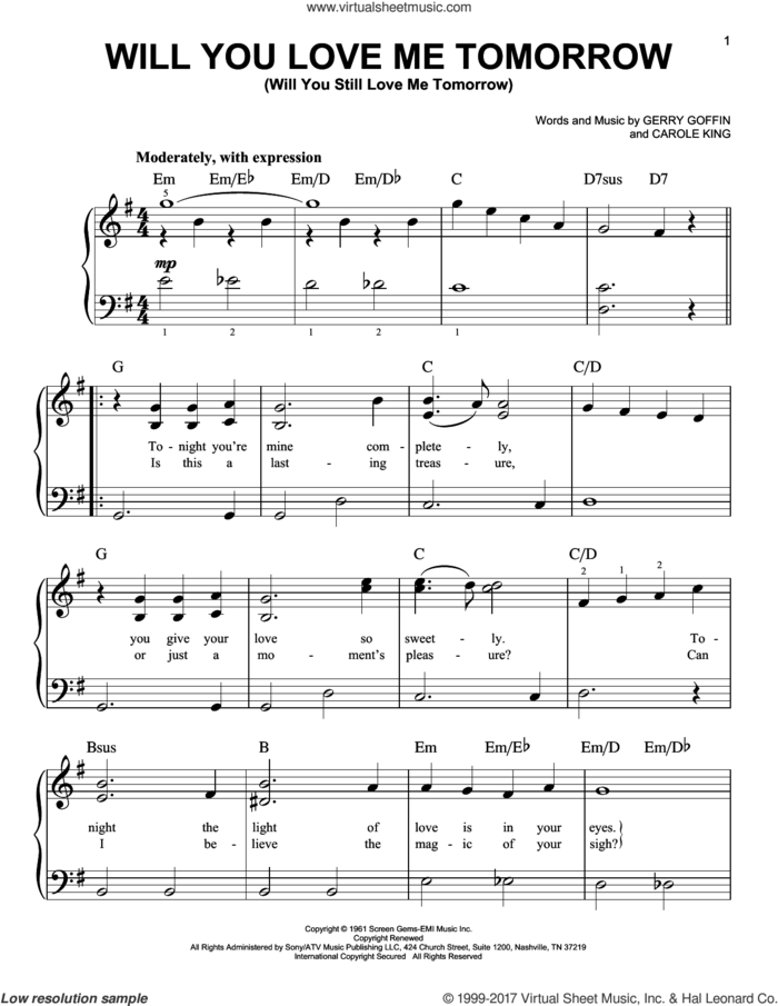 Will You Love Me Tomorrow (Will You Still Love Me Tomorrow) sheet music for piano solo by Carole King, The Shirelles and Gerry Goffin, easy skill level
