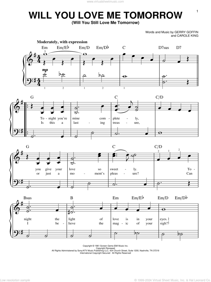 Will You Love Me Tomorrow (Will You Still Love Me Tomorrow), (easy) sheet music for piano solo by Carole King, The Shirelles and Gerry Goffin, easy skill level