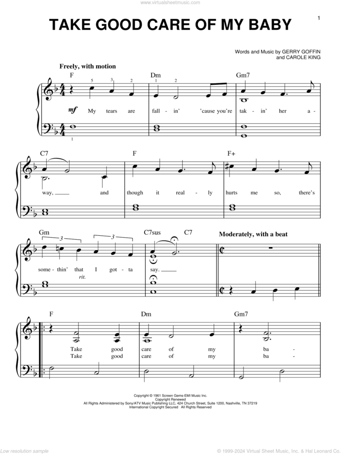 Take Good Care Of My Baby sheet music for piano solo by Carole King, Bobby Vee, Bobby Vinton and Gerry Goffin, easy skill level