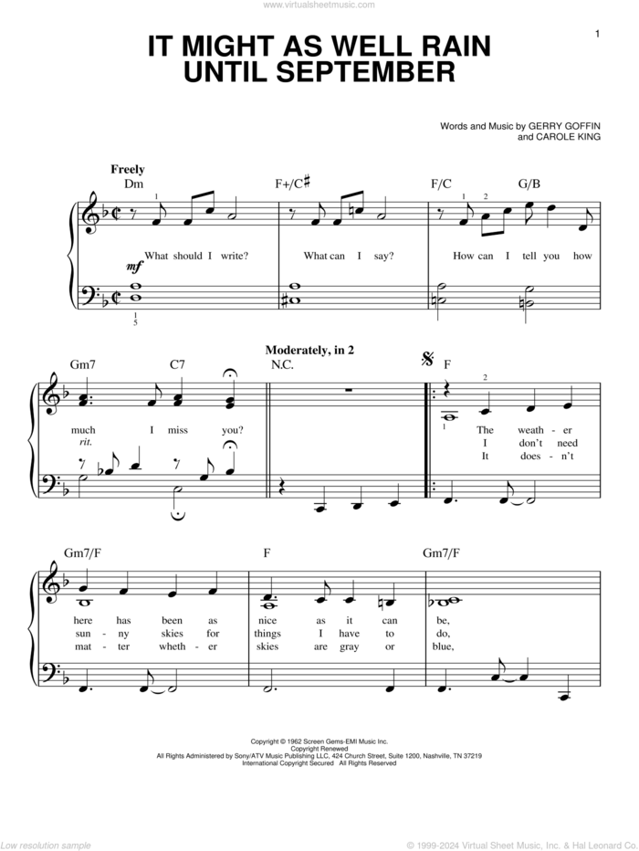 It Might As Well Rain Until September sheet music for piano solo by Carole King and Gerry Goffin, easy skill level