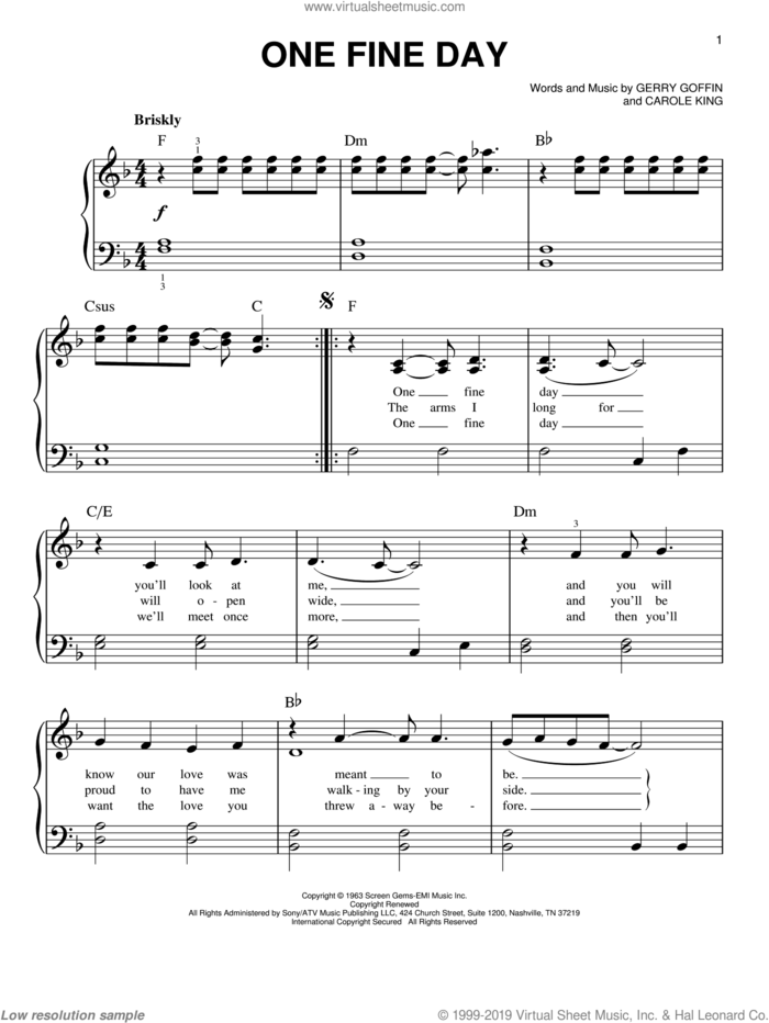 One Fine Day sheet music for piano solo by Carole King and Gerry Goffin, easy skill level