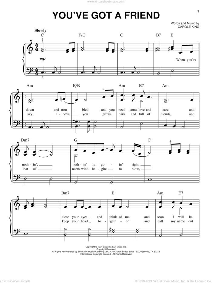 You've Got A Friend sheet music for piano solo by Carole King and James Taylor, easy skill level