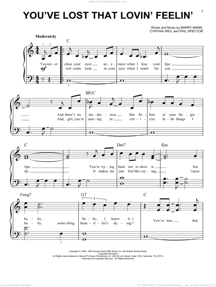 You've Lost That Lovin' Feelin' sheet music for piano solo by The Righteous Brothers, Elvis Presley, Barry Mann, Cynthia Weil and Phil Spector, easy skill level