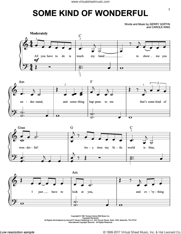 Some Kind Of Wonderful sheet music for piano solo by Carole King and Gerry Goffin, easy skill level