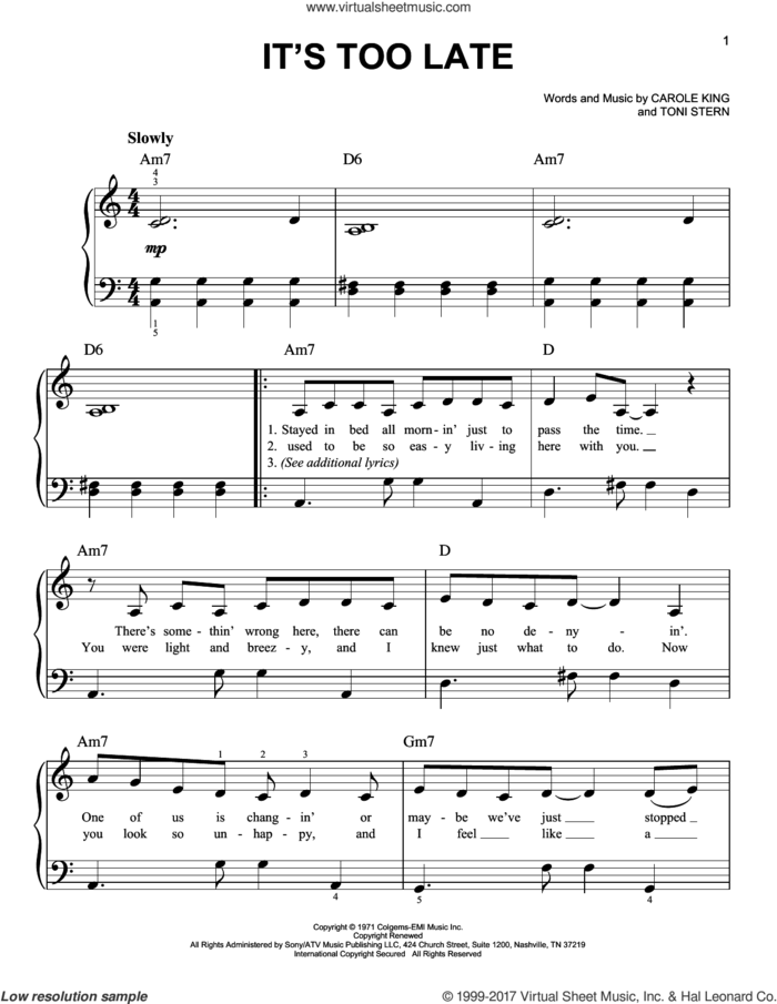 It's Too Late sheet music for piano solo by Carole King, Gloria Estefan and Toni Stern, easy skill level