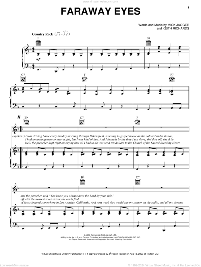 Faraway Eyes sheet music for voice, piano or guitar by The Rolling Stones, Keith Richards and Mick Jagger, intermediate skill level