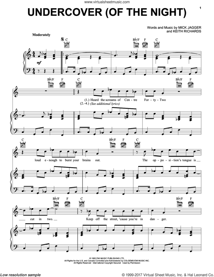 Undercover (Of The Night) sheet music for voice, piano or guitar by The Rolling Stones, Keith Richards and Mick Jagger, intermediate skill level