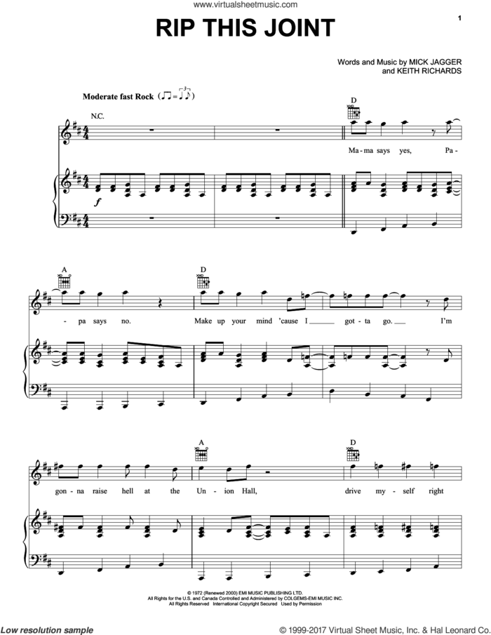 Rip This Joint sheet music for voice, piano or guitar by The Rolling Stones, Keith Richards and Mick Jagger, intermediate skill level