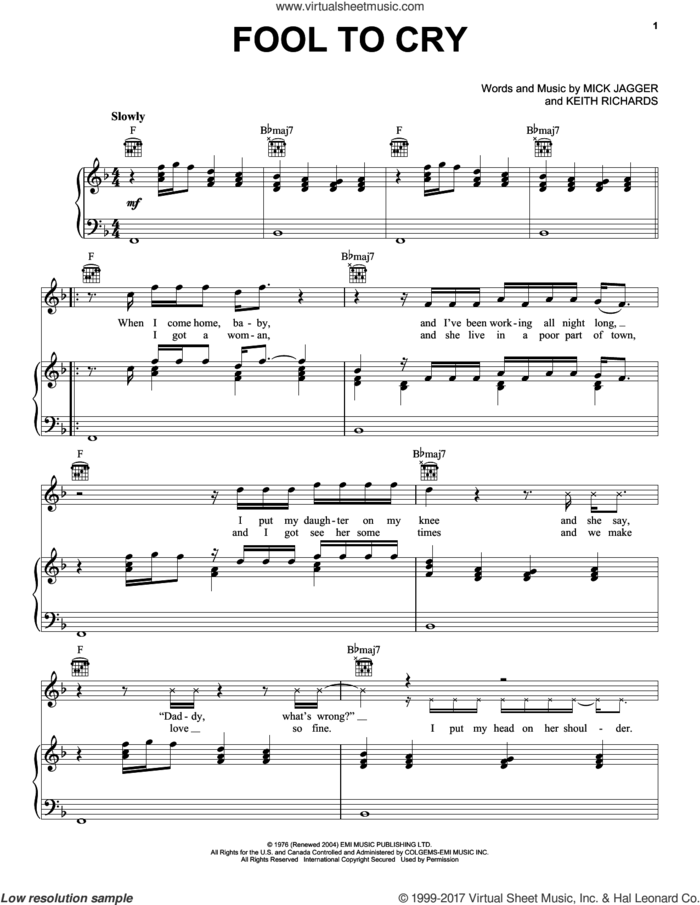 Fool To Cry sheet music for voice, piano or guitar by The Rolling Stones, Keith Richards and Mick Jagger, intermediate skill level