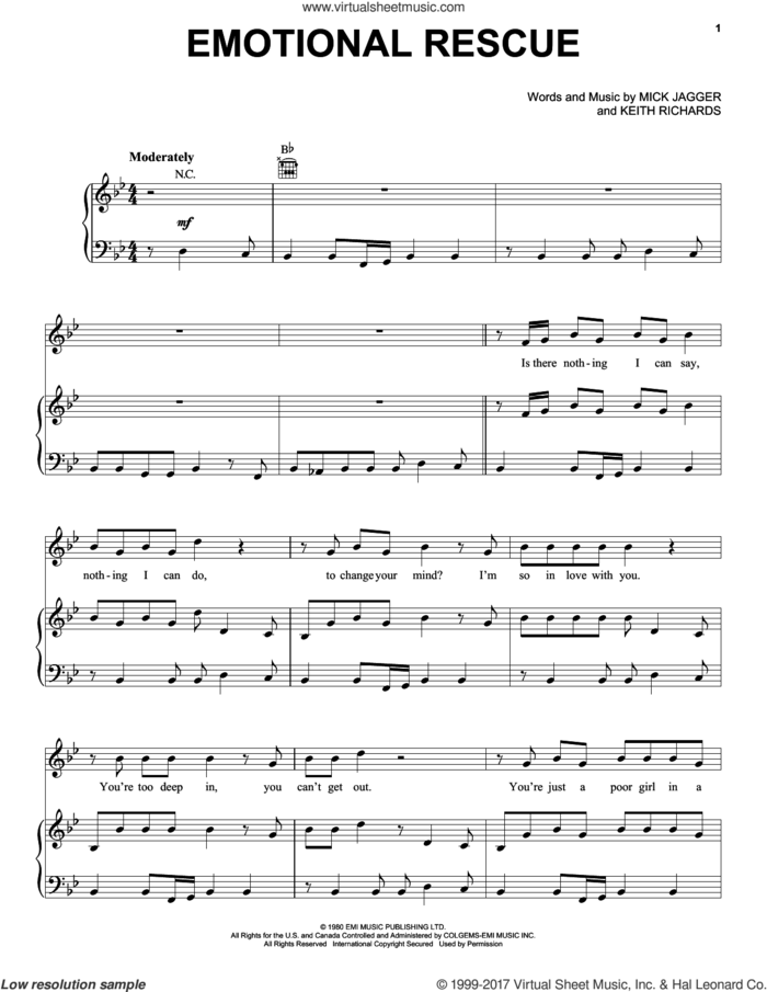 Emotional Rescue sheet music for voice, piano or guitar by The Rolling Stones, Keith Richards and Mick Jagger, intermediate skill level