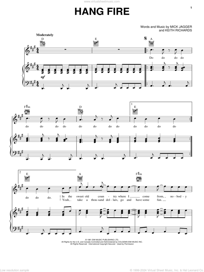 Hang Fire sheet music for voice, piano or guitar by The Rolling Stones, Keith Richards and Mick Jagger, intermediate skill level