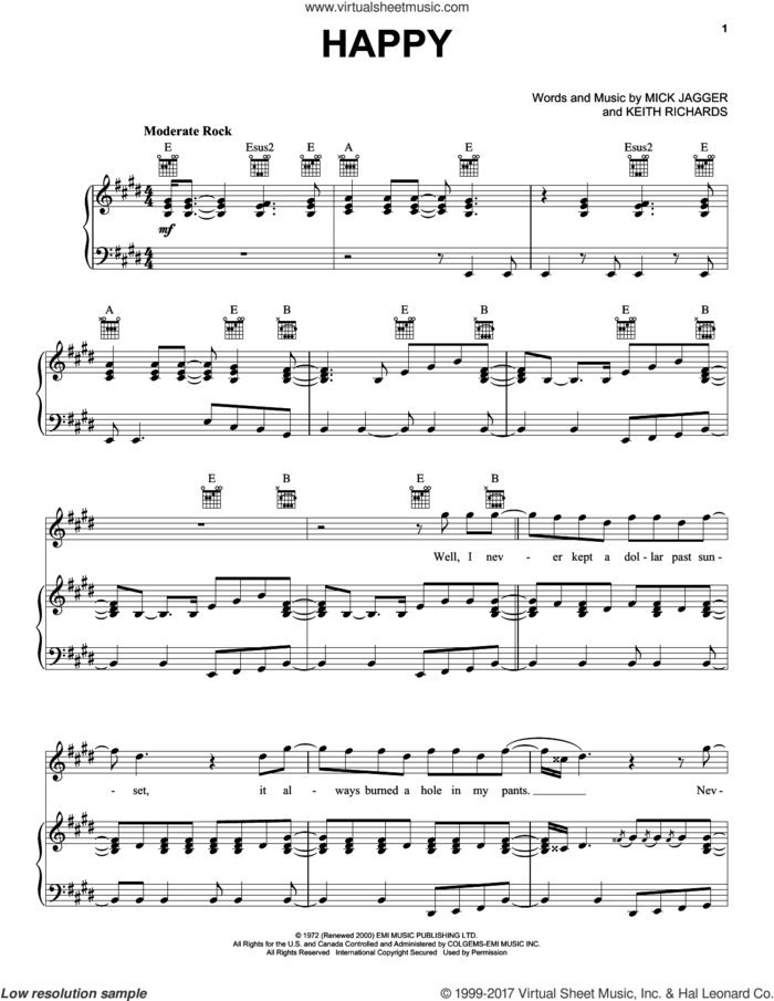 Happy sheet music for voice, piano or guitar by The Rolling Stones, Keith Richards and Mick Jagger, intermediate skill level