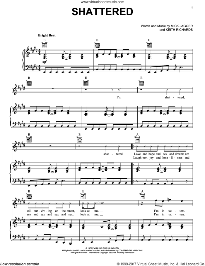 Shattered sheet music for voice, piano or guitar by The Rolling Stones, Keith Richards and Mick Jagger, intermediate skill level
