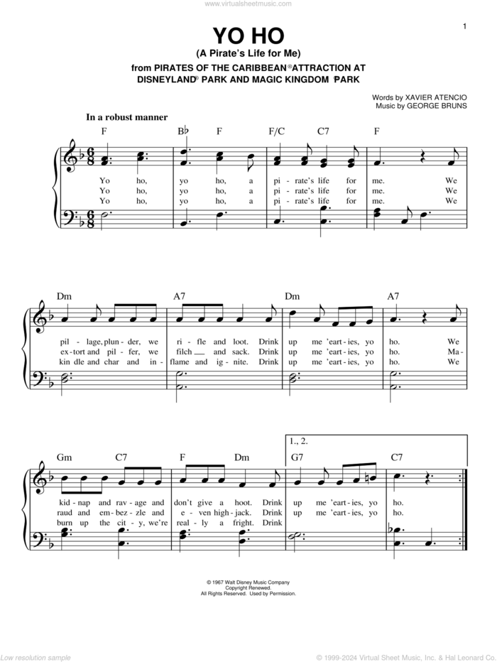 Yo Ho (A Pirate's Life For Me) sheet music for piano solo by Xavier Atencio and George Bruns, easy skill level