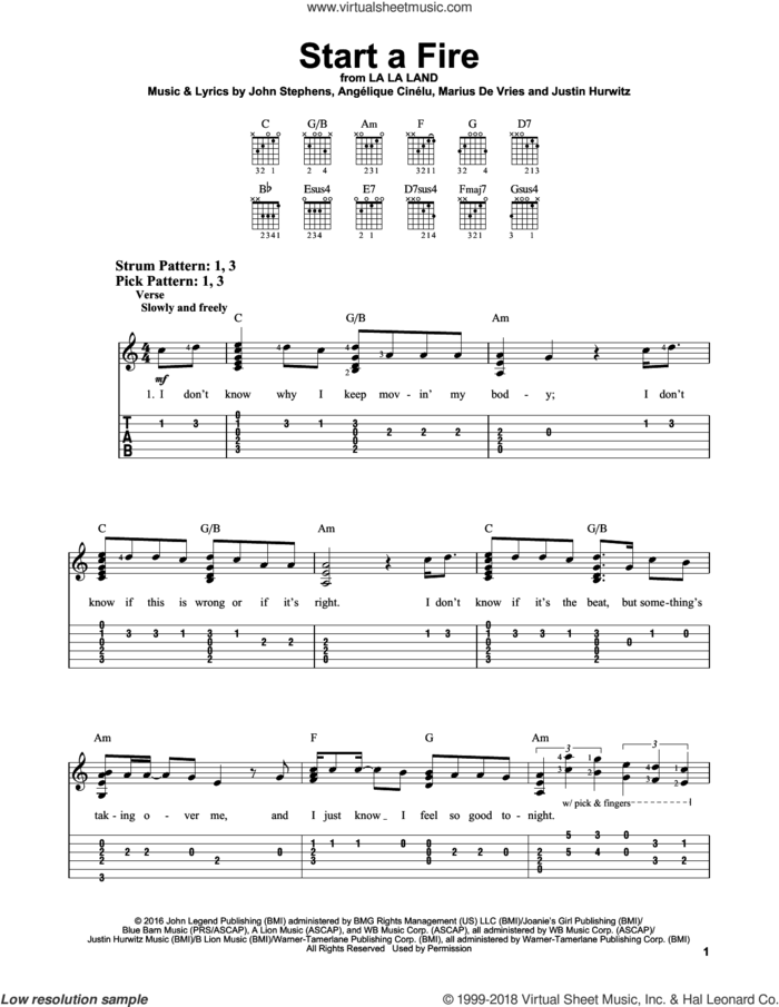 Start A Fire sheet music for guitar solo (easy tablature) by John Legend, Angelique Cinelu, John Stephens, Justin Hurwitz and Marius De Vries, easy guitar (easy tablature)