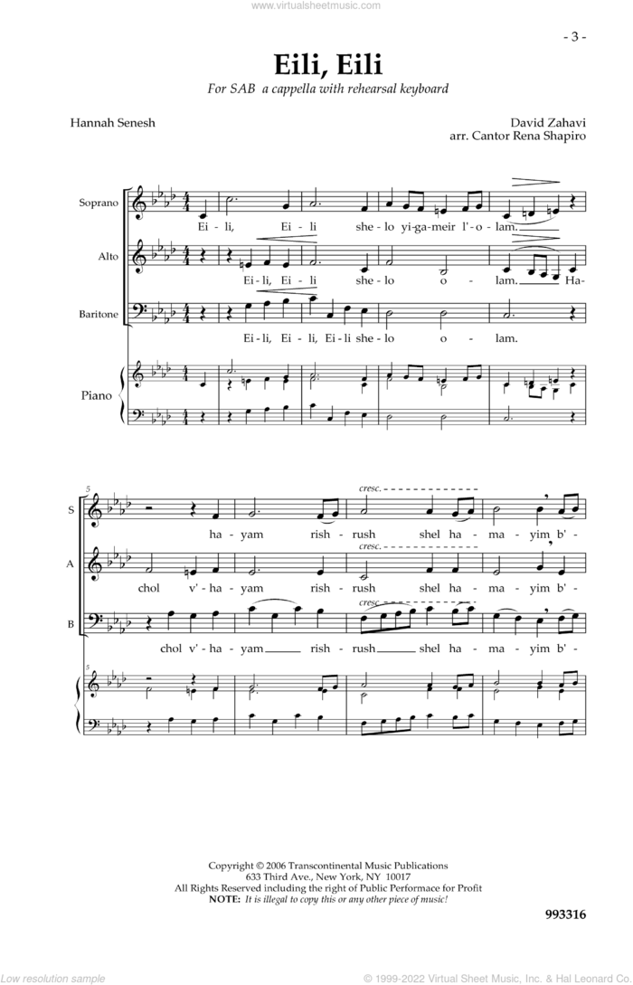 Eili Eili sheet music for choir (SAB: soprano, alto, bass) by Cantor Rena Shapiro, David Zahavi and Hannah Senesh, intermediate skill level
