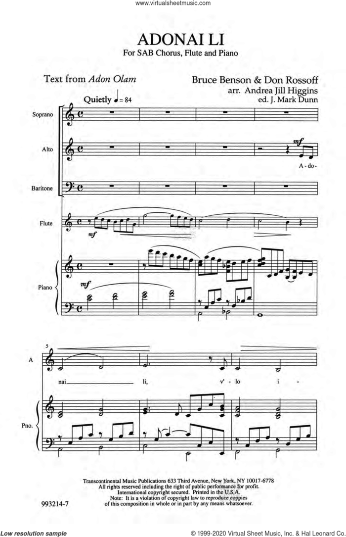 Adonai Li sheet music for choir (SAB: soprano, alto, bass) by Andrea Jill Higgins, Adon Olam, Bruce Bension, Don Rossoff and J. Mark Dunn, intermediate skill level