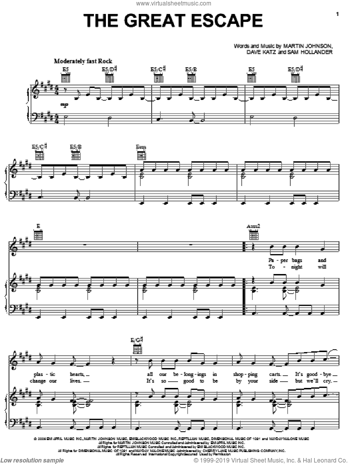 The Great Escape sheet music for voice, piano or guitar by Boys Like Girls, Dave Katz, Martin Johnson and Sam Hollander, intermediate skill level