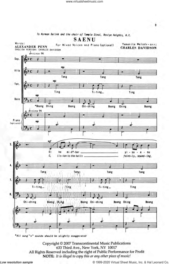 Saenu sheet music for choir (SATB: soprano, alto, tenor, bass) by Charles Davidson and Alexander Penn, intermediate skill level