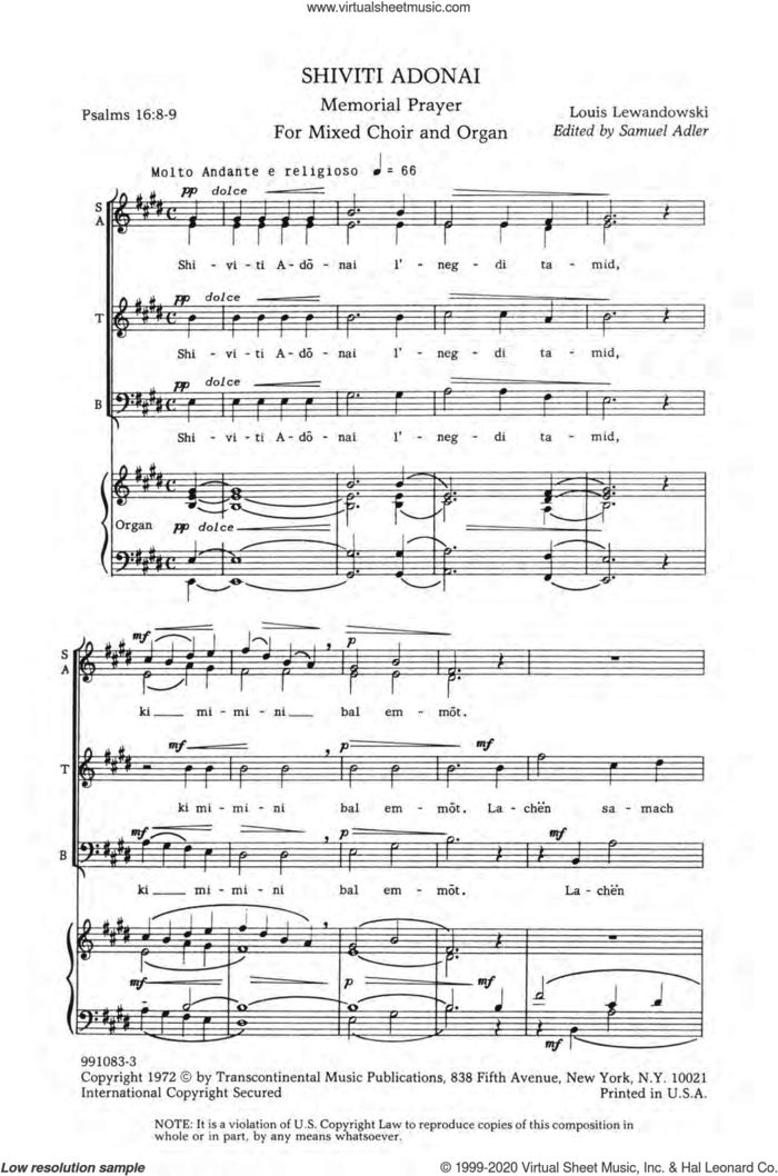 Shiviti Adonai sheet music for choir (SATB: soprano, alto, tenor, bass) by Louis Lewandowski and Samuel Adler, intermediate skill level