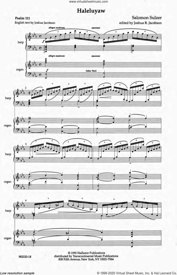 Halleluyaw sheet music for choir (SATB: soprano, alto, tenor, bass) by Joshua R. Jacobson and Salomon Sulzer, intermediate skill level