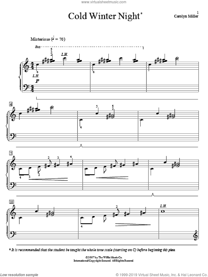 Cold Winter Night sheet music for piano solo (elementary) by Carolyn Miller, beginner piano (elementary)