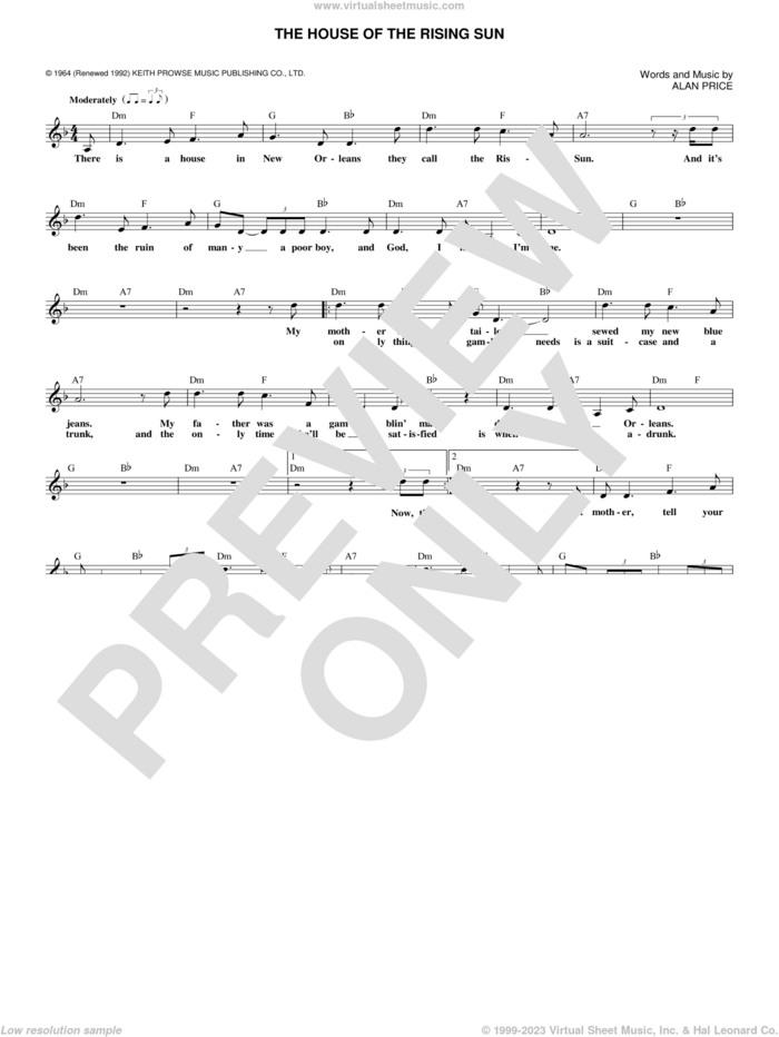 The House Of The Rising Sun sheet music for voice and other instruments (fake book) by The Animals and Alan Price, intermediate skill level