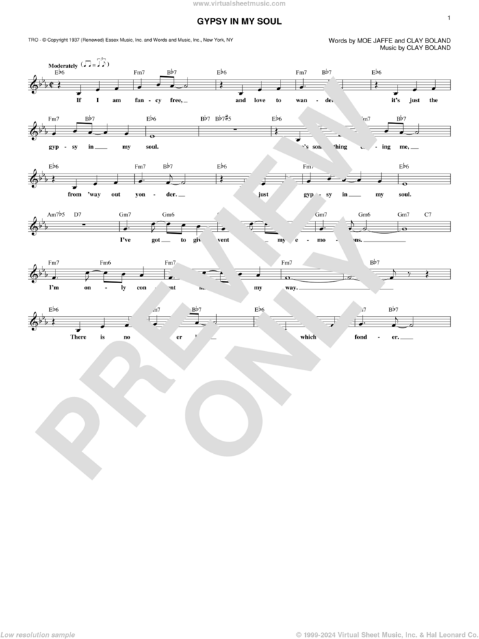 Gypsy In My Soul sheet music for voice and other instruments (fake book) by Moe Jaffe and Clay Boland, intermediate skill level