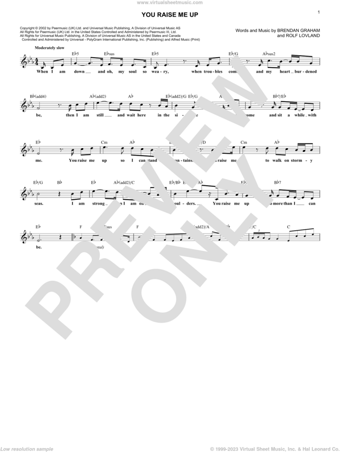 You Raise Me Up sheet music for voice and other instruments (fake book) by Josh Groban, Secret Garden and Brendan Graham, wedding score, intermediate skill level