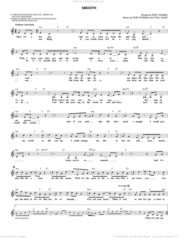 Smooth (feat. Rob Thomas) sheet music for voice and other instruments (fake book) by Santana featuring Rob Thomas, Carlos Santana, Itaal Shur and Rob Thomas, intermediate skill level