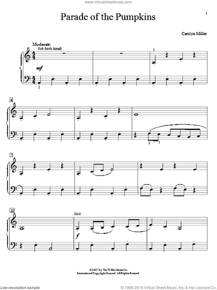 Parade Of The Pumpkins sheet music for piano solo (elementary) by Carolyn Miller, beginner piano (elementary)